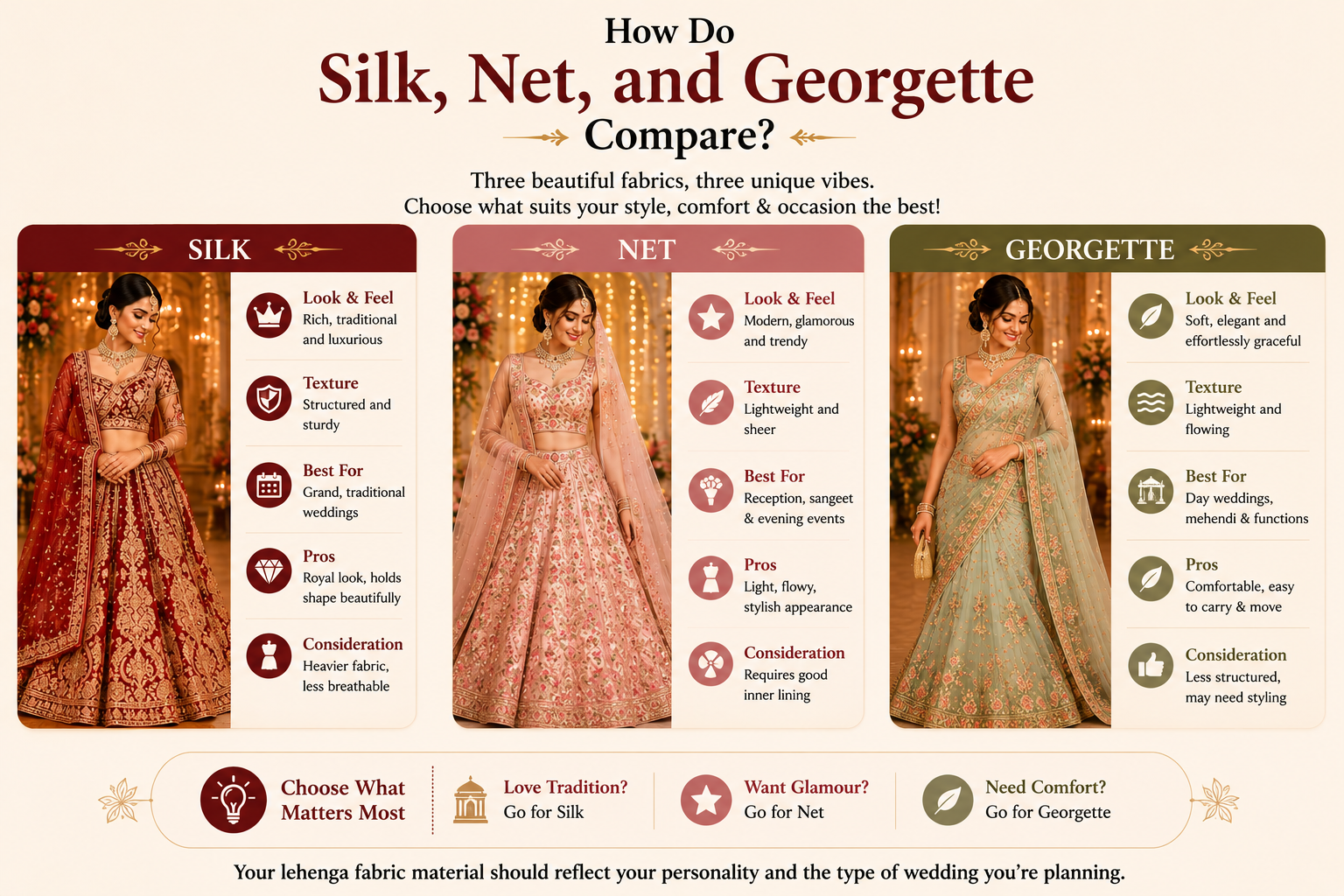 lehenga fabric material, fabric selection