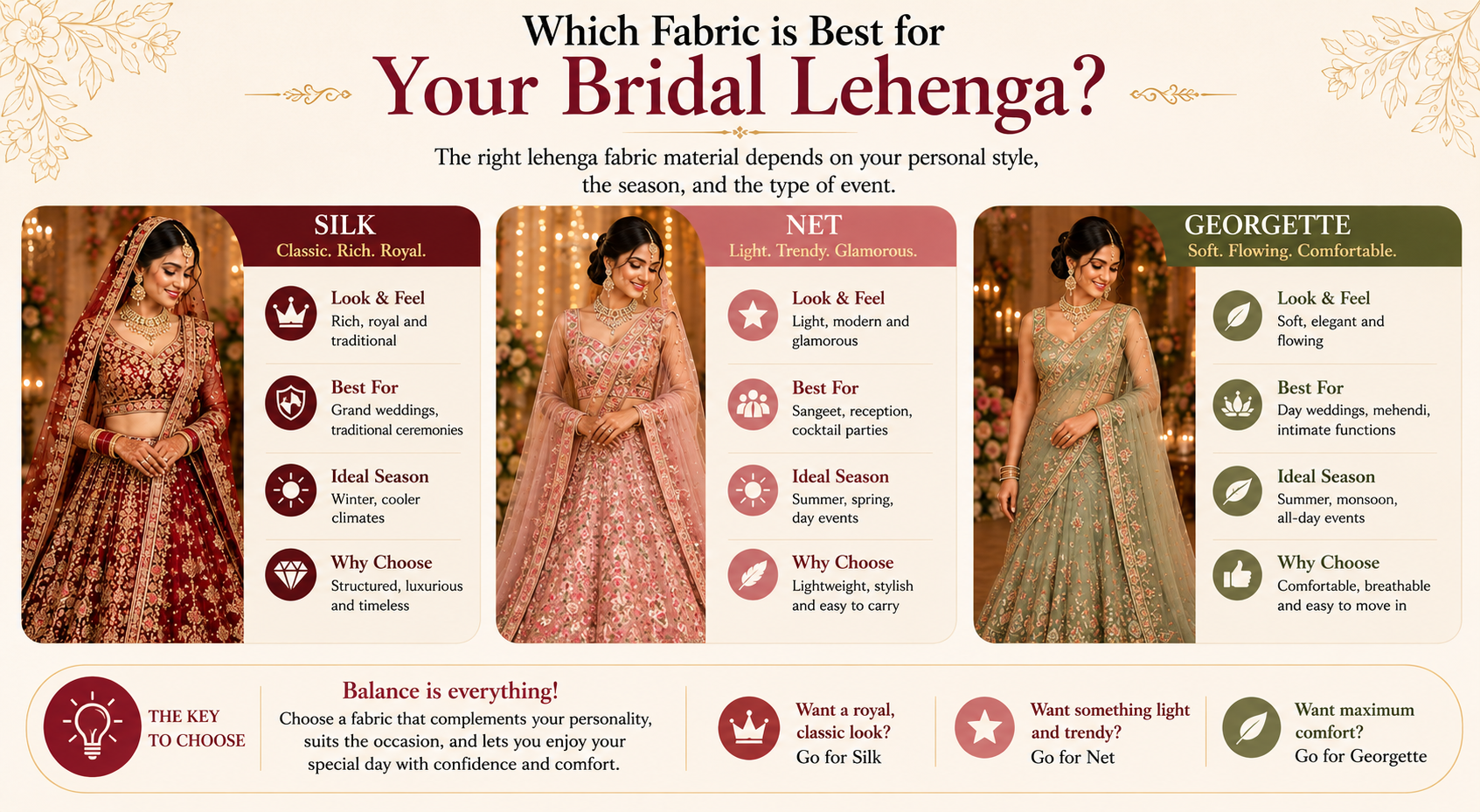 lehenga fabric material, fabric selection