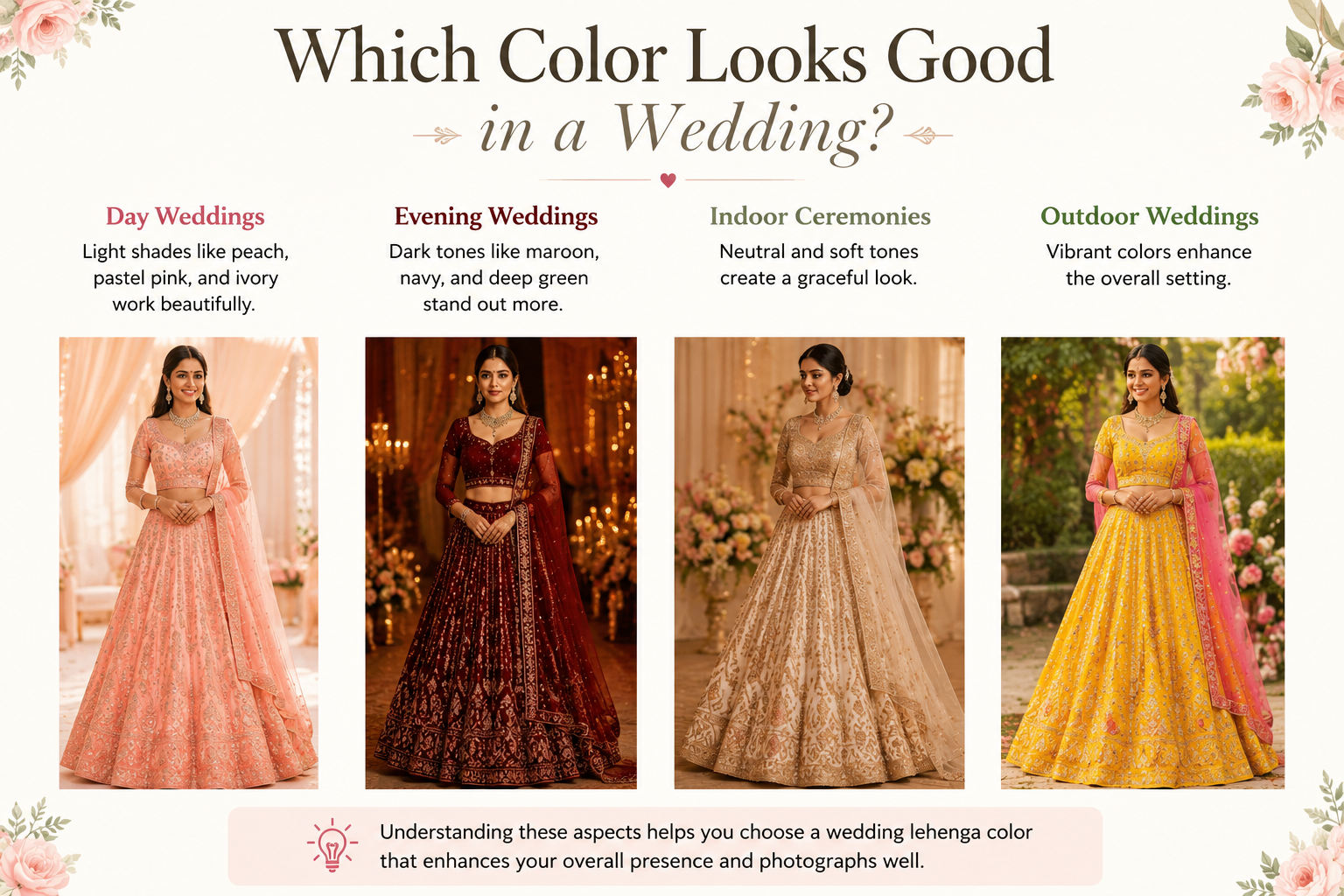 wedding lehenga color, lehenga color ideas