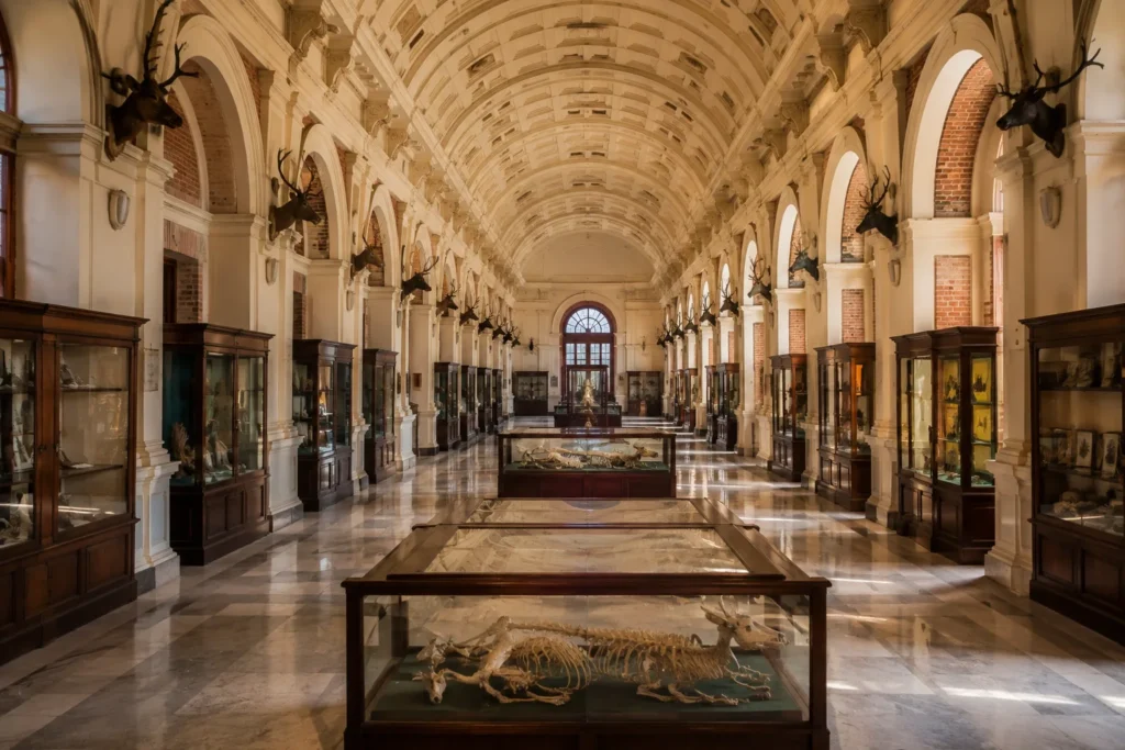 Forest Research Institute Dehradun museum interior with historic exhibits and display cases