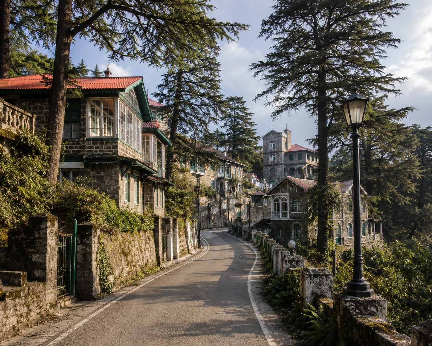 Quiet heritage road in Landour Mussoorie surrounded by trees