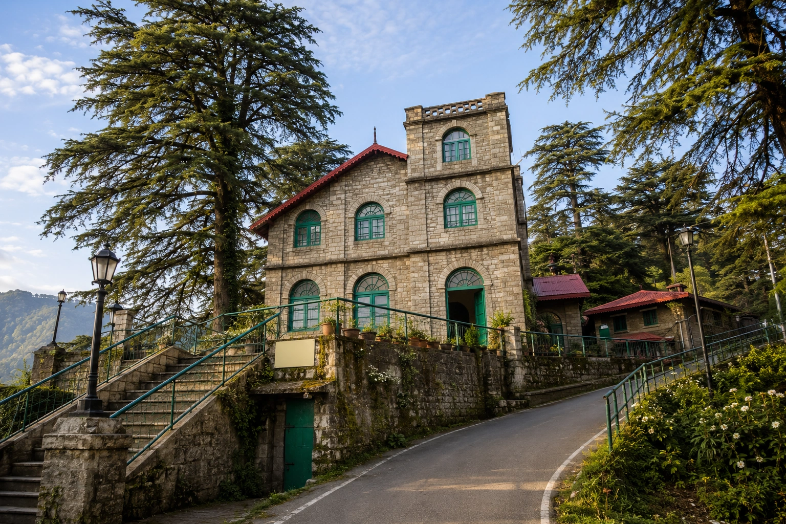 Scenic view of Landour Mussoorie with heritage buildings and green hills