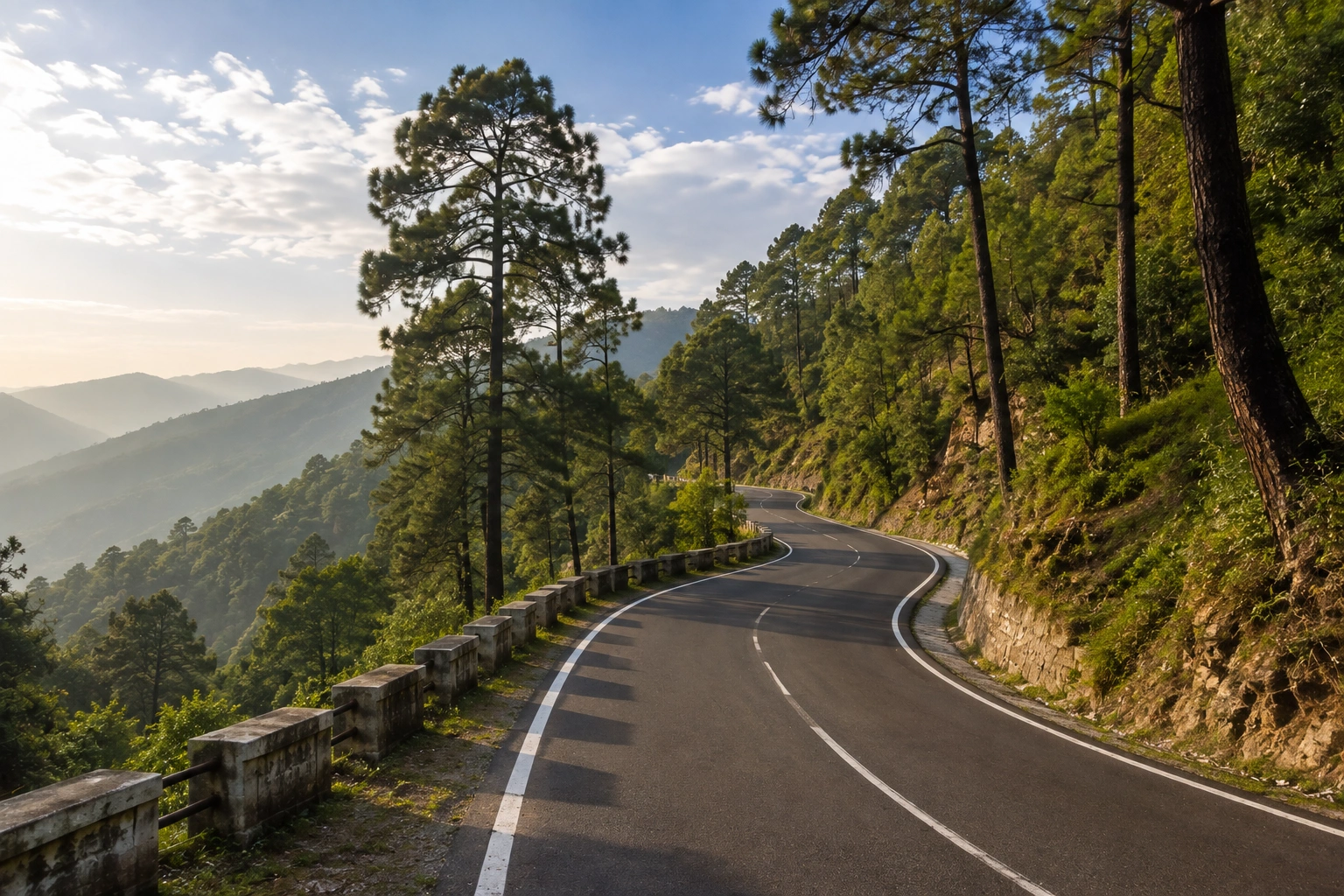 Scenic view of Old Mussoorie Road winding through green pine-covered hills