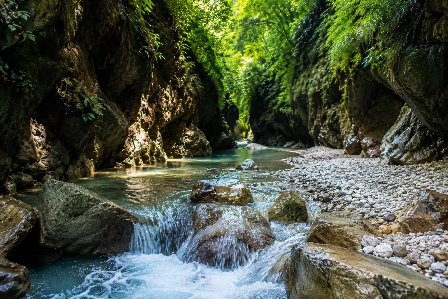 Clear stream flowing through the rocky gorge at Robber's Cave Dehradun